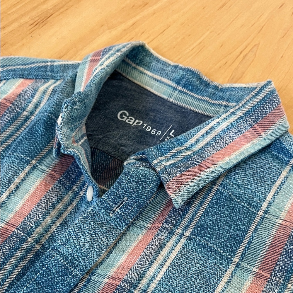 GAP Blue Plaid Button-Down Shirt with Pink & Cream Stripes